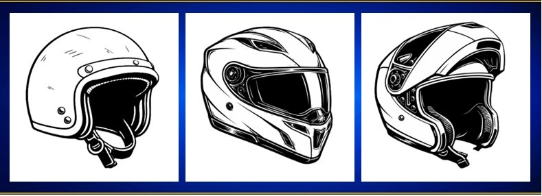 The three main types of motorcycle helmet are open face, full face, and flip front.